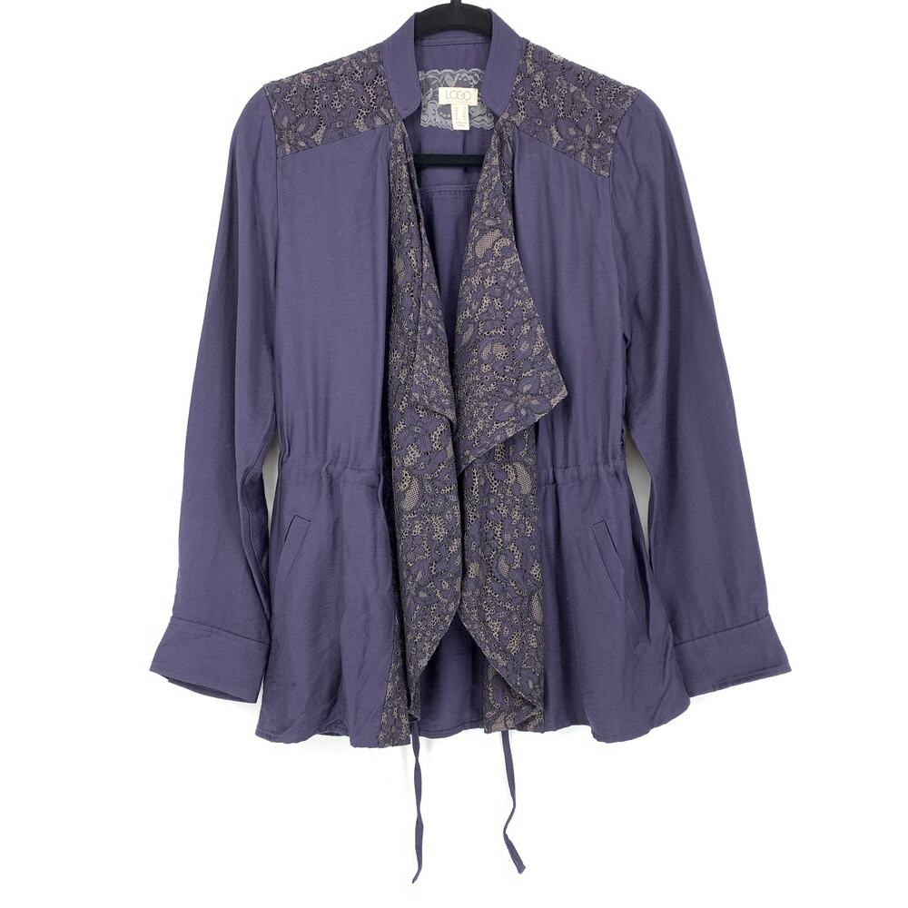 Logo By Lori Goldstein Women's Size 2 Cinched Waist Blue Jacket Lace Trimmed